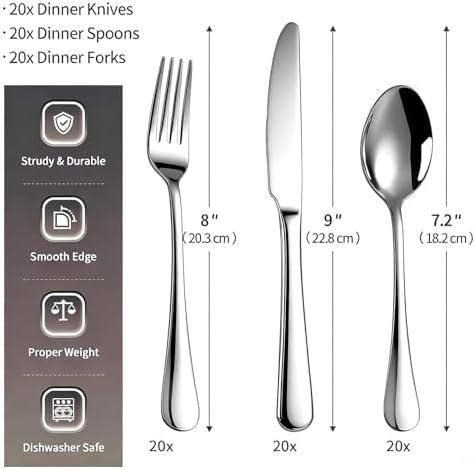 60 Piece Bulk Silverware Set for 20, Stainless Steel Forks Spoons and Knives Set, Mirror Finish Flatware Dishwasher Safe for Family Picnics Daily Gatherings - Image 3