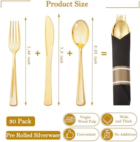 Supernal 30 Pack Pre Rolled Gold Plastic Silverware with Black Napkins - Image 5