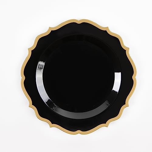 PLASTICPRO 64 Pack Elegant Disposable Plastic Plates Combo Set Includes 32 Dinner Plates and 32 Salad Plates Heavy Duty Fancy Party Plates Black & Gold Contemporary Design - Image 5