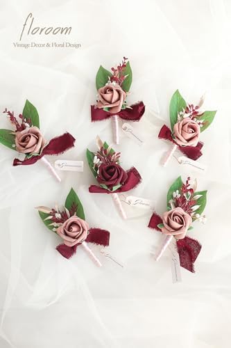 Floroom Set of 6 Dusty Rose & Burgundy Foam Rose Boutonnieres with Pins for Men Wedding for Groom Groomsmen Wedding Ceremonies Anniversaries Formal Dinners Parties Proms - Image 2