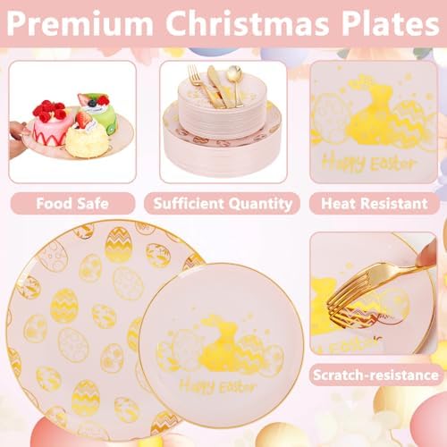 Liacere 150Pcs Easter Plates with Gold Bunny - Pink Plastic Dinnerware Includes 30 Egg and Rabbit 30 Dessert Plates, 30 Forks, 30 Spoons,30 Knives for Easter Party - Image 3
