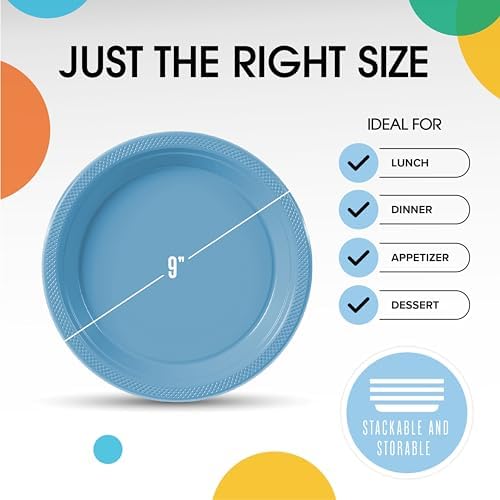 Party Solids Sturdy Light Blue Plastic Plates 9" Party Plates 50 Pcs - Image 3