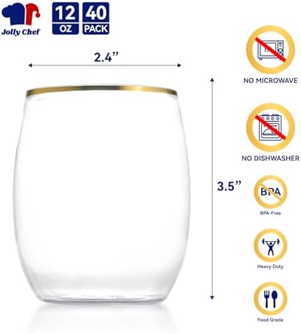 JOLLY CHEF 40 Pack 12 oz Champagne Flutes Gold Stemless Toasting Glasses - Image 2