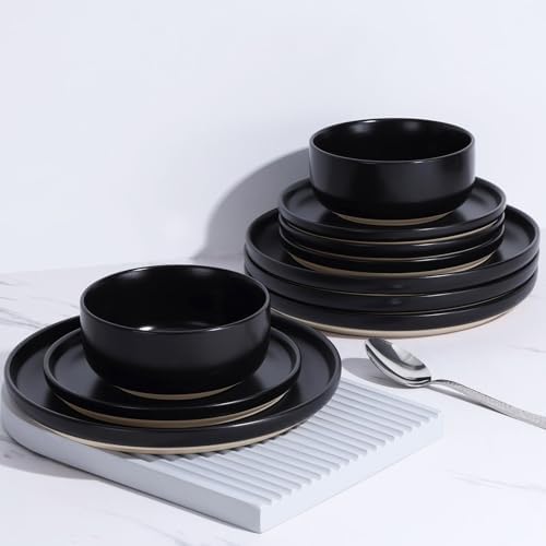 LIANYU Stoneware Dinnerware Sets for 4, 12 Piece Plates and Bowls Set, Ceramic Dishware Dishes for Dining, Scratch Resistant Kitchen Porcelain Plates, Microwave & Dishwasher Safe, Matte Black - Image 6