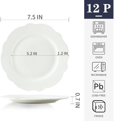 7.5” White Porcelain Small Dinner Plates Leave Wave Rim Set of 12 - Image 4