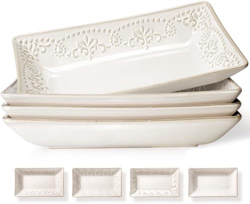 Artena Salad Plates Set of 4, 9.85" Embossed Ceramic Rectangular Appetizer Plates, Deep Lipped Edges, Microwave & Dishwasher Safe, Dessert Sushi Pasta Serving Plates (White, Multiple Patterns) by Artena