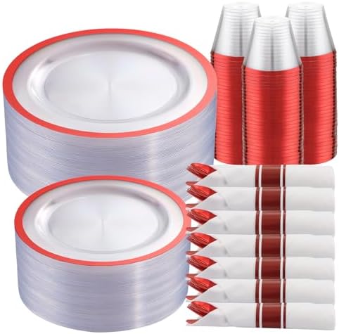 I00000 210 Pcs Red Plastic Plates Set, Disposable Dinnerware Set for Party by I00000