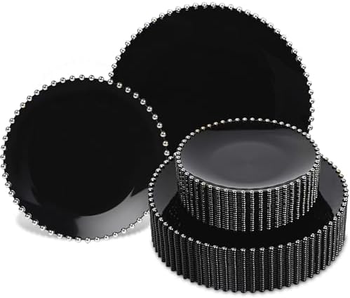 HOMIP 50PCS Disposable Black Plastic Plates with Silver Pearl-Beaded Rim by HOMIP