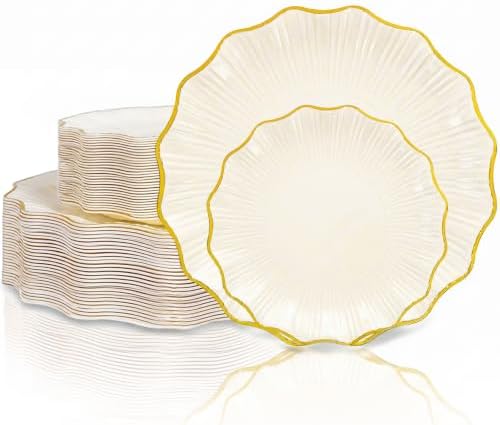 Rubtlamp 60Pcs Ivory Scalloped Gold Plastic Plates, Disposable Plates With Gold Rim, Heavyduty Plastic Plates Include 30 Dessert Platos, 30 Dinner Platos for Party by Rubtlamp
