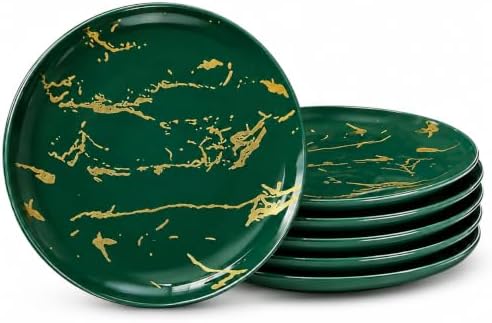 10-Inch Ceramic Dinner Plates Set of 6, Green and Gold Marble by Loymokinar