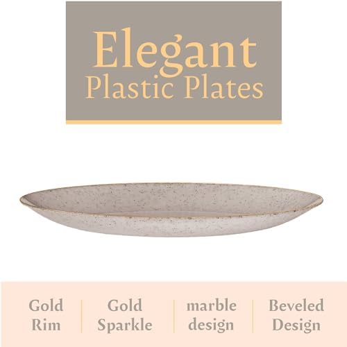 PLASTICPRO 64 Pack Elegant Disposable Plastic Plates Combo Set Includes 32 Dinner Plates and 32 Salad Plates Heavy Duty Fancy Party Plates Grey Granite Plates with Gold rim - Image 6