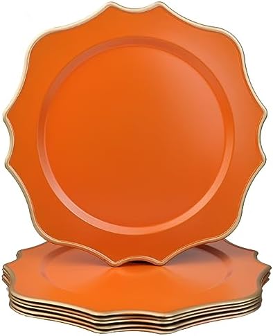 Orange Chargers for Dinner Plates, 13 Inch Scalloped Plastic Decorative Table Charge Service Plates Set of 6 for Wedding, Holiday, Thanksgivng, Christmas by Omuriko