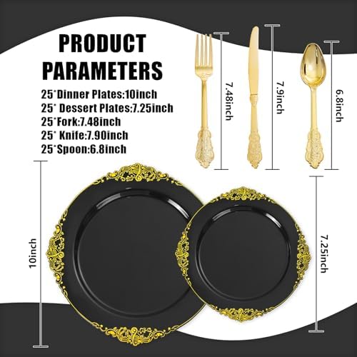 125PCS Black and Gold Plastic Plates for Wedding Party Halloween - Image 2