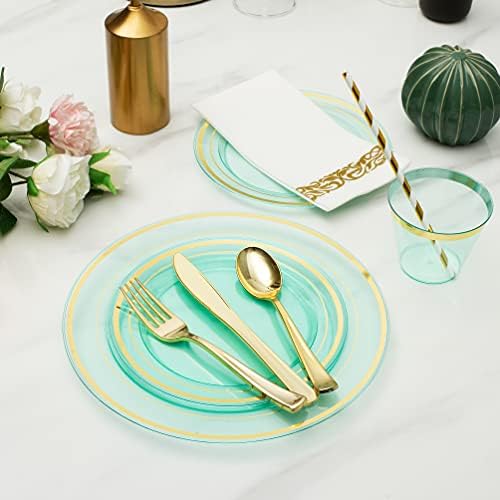 400PCS Mint Green Plastic Plates for 50 Guests, Disposable Plates Heavy Duty,100 Fancy Plates, 150 Gold Silverware, 50 Cups, 50 Napkins, 50 Straws Wedding, St. Patrick's Day, Easter - Image 6