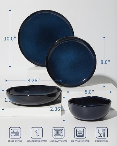 Pokini 24 Pieces Dinnerware Set for 6 with Pasta Bowls, Complete Ceramic Dish Set, Stackable & Glossy Stoneware Plate and Bowl Set for Effortless Everyday Hosting, Starry Blue - Image 2