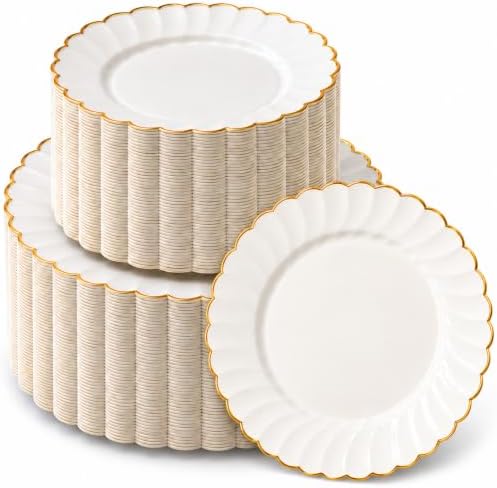 By Madee HEAVYWEIGHT Gold Scalloped Plastic Plates for Party Wedding 100 Pc by byMadee