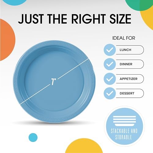 Party Solids Sturdy Light Blue Plastic Plates 7" Cake Plates 50 Pcs - Image 3
