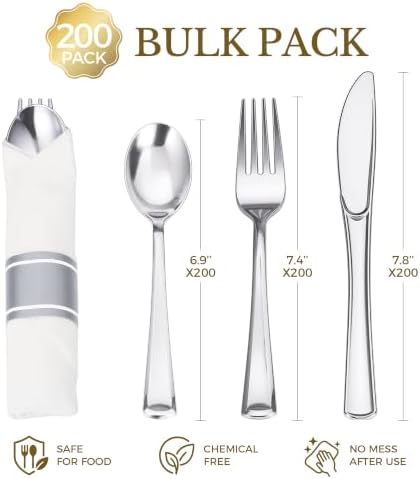 Goodluck 200 Pack Pre Rolled Silver Plastic Silverware, Wrapped Cutlery - Image 3