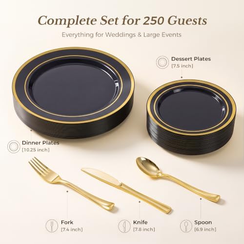 Goodluck 250 PCS Black Plastic Plates with Gold Rim＆Cutlery Set (50 Guests) - Image 3