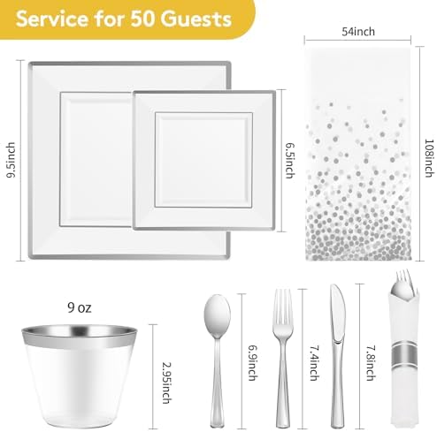 Goodluck 352Pcs Silver Square Plastic Plates with Silver Trim for 50 Guests (Pack of 3) - Image 4