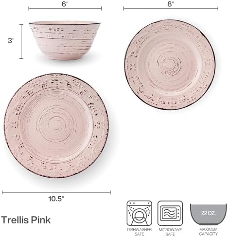 Pfaltzgraff Pink Trellis 12-Piece Dinnerware Set, Stoneware Plates and Bowls Sets for 4, Dishwasher and Microwave Safe, Rustic Garden-Inspired Design - Image 3
