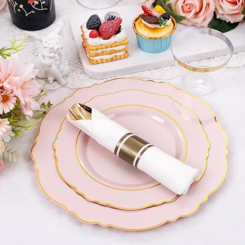 Liacere 175PCS Pink Plates Disposable - Pink and Gold Plates 25guest Baroque Plastic Dinnerware include 50Plates, 25Pack Pre Rolled Napkins with Silverware 25Cups Perfect for Wedding & Party - Image 4