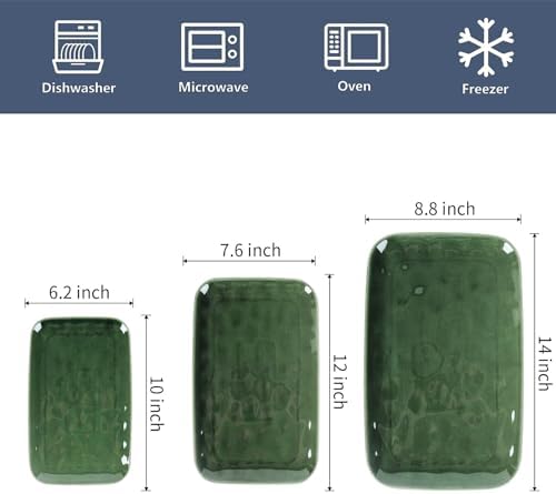 vicrays Ceramic Rectangle Serving Platters - 14" 12" 10" Porcelain Serving Trays Plates for Party BBQ Appetizers Sushi Dessert - Microwave Oven and Dishwasher Safe - Set of 3 Green - Image 2