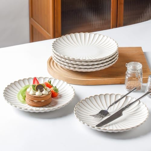 Ceramic 8 inch Salad Plates, Set of 6, Microwave & Dishwasher Safe, Vintage Farmhouse Small Dinner, Dessert Plates for Kitchen , Cake Serving Stoneware Dishes Housewarming Gift (8 inch, Petal) - Image 6