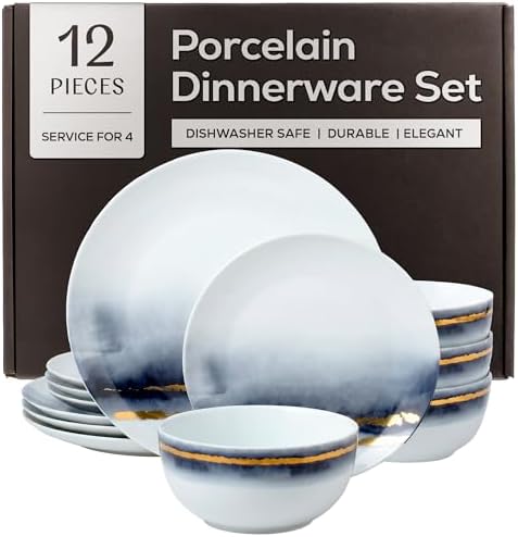 Joseph Sedgh Collection Durable Porcelain Dinnerware Set, 12-Piece, Lazuli Blue and Gold by JosephSedghCollection