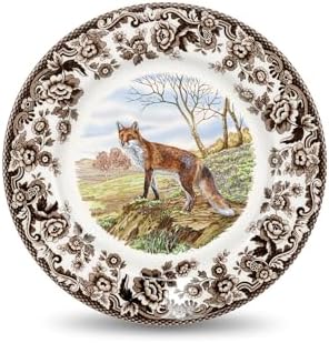 Spode Woodland Red Fox Salad Plate - 8" Fine Earthenware Plate with British Flowers Border, Rustic Wildlife Design - Dishwasher, Microwave, Freezer & Oven Safe - Made in England by Spode