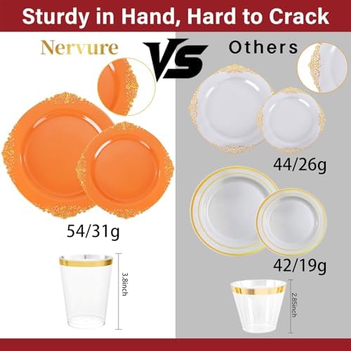 Nervure 175Pcs Orange Plastic Plates, Plastic Dinnerware Set for 25 Guests - Image 3