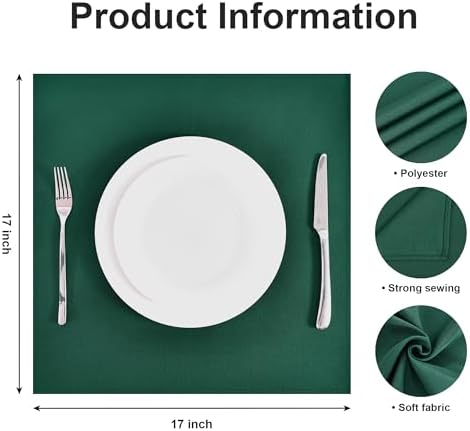 Wolkemer Set of 4 Hunter Green Cloth Napkins 17 x 17 Inches Solid Washable Polyester Dinner Napkins with Hemmed Edges for Dinners Parties Weddings Banquets Events Table Decoration - Image 5