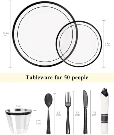 Goodluck 350 Pcs Clear Black Disposable Plastic Party Plate Cup Napkin Sets - Image 4