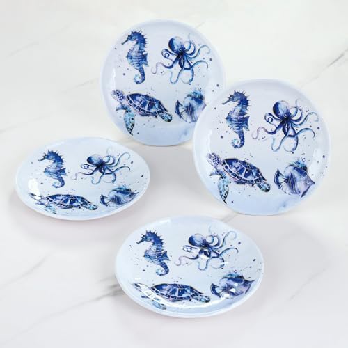 UP Indigo Sea Life Melamine Round Dessert Plates, Small Serving Plates, for Appetizer, Snacks, and Side Dishes, Blue, 6 Inch, Set of 4 - Image 3