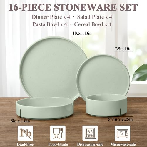 Herogo 16 Piece Plates and Bowls Set, Porcelain Dinnerware Sets with Pasta Bowls, Kitchen Dinner Ware Dishes Service for 4, Chip & Scratch Resistant Dishware, Speckled Light Green - Image 2
