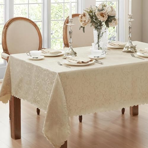 Newbridge Portofino Scalloped Damask Fabric Tablecloth, 52 x 52 Inch Square, Linen, Wrinkle and Stain Resistant Fine Dining Holiday Party Table Cover - Image 5