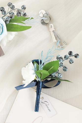 Floroom Set of 6 Powder Blue & Navy Blue Foam Rose Boutonnieres with Pins for Men Wedding for Groom Groomsmen Wedding Ceremonies Anniversaries Formal Dinners Parties Proms - Image 6