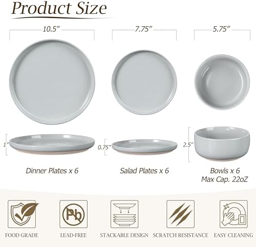 LIANYU Porcelain Dinnerware Set for 6, 18PCS Elegant Plates and Bowls Set with Stackable Design, Highly Chip and Scratch Resistant, Dishwasher Safe, Glacier Gray - Image 3