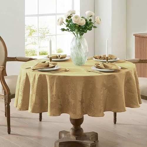 Newbridge Barcelona Damask Fabric Tablecloth, 90 Inch Round, Gold – No Iron, Soil Resistant Table Cover for Dining, Parties and Holidays - Image 6