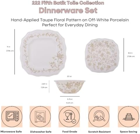 222 Fifth 12-Piece Porcelain Dinnerware Set for 4, Glossy Cream Plates and Bowls Set with Taupe Flowers, Elegant Square Ceramic Dish Set, Kitchen Tableware, Microwave & Dishwasher Safe, Batik Toile - Image 2
