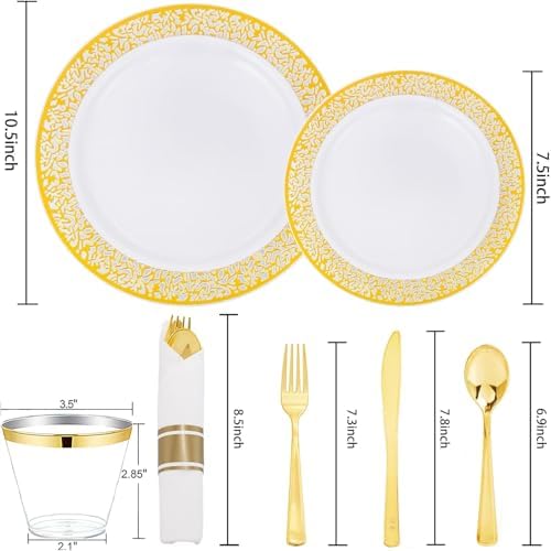 WELLIFE 175Pcs Gold Dinnerware Sets, Include:25 Dinner Plates, 25 Dessert Plates, 25 Paper Napkins, 25 Cups, 25 Plastic Cutlery Set - Image 2