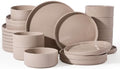 Famiware Stoneware Dinnerware Set for 8, Rimmed Plates, Bowls, Brown Dishes by Famiware
