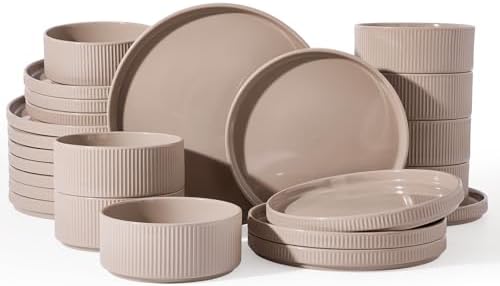 Famiware Stoneware Dinnerware Set for 8, Rimmed Plates, Bowls, Brown Dishes by Famiware