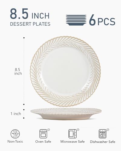 Ceramic 8 inch Dessert Plates, Set of 6, Microwave & Dishwasher Safe, Vintage Farmhouse Small Dinner Plates ; Salad Plates for Kitchen, Cake Serving Stoneware Dishes Housewarming Gift (Wheat Ear) - Image 2