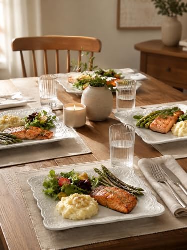 10 Inch Ceramic Dinner Plates Set of 4, White Embossed Dinner Plates with Floral Butterfly Pattern, Scalloped Beaded Rim Plates for Steak, Pasta, Main Course, Holiday Entertaining and Everyday Dining - Image 6