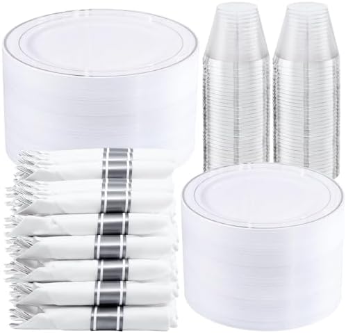 WELLIFE 350-Piece Silver Plastic Dinnerware Set - Disposable 10.25" Dinner Plates, 7.5" Dessert Plates, 9oz Silver Rim Cups & Cutlery for Weddings - 50 Guest Service - Elegant Disposable Silverware by WELLIFE