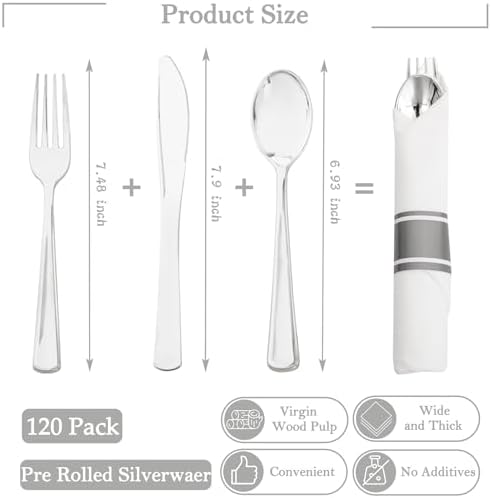 Supernal 120 Pack Silver Plastic Silverware Wrapped Cutlery Set with Napkin - Image 2
