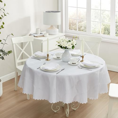 Newbridge Holiday Ribbons Bows White 70" Round Tablecloth | Thanksgiving Christmas Jacquard Damask Table Cover, Water Stain Wrinkle Resistant, Winter Formal Dinner Party Dining Décor - Image 5