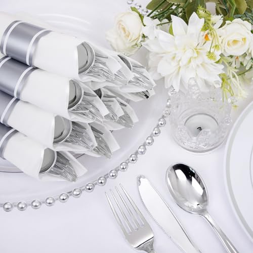 Supernal 30 Pack Pre Rolled Silver Plastic Silverware, Linen Napkin Set - Image 4