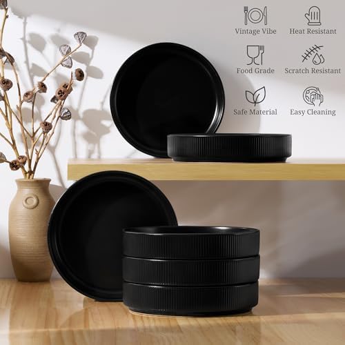 E-far Pasta Bowls Set of 6, 35oz Large Salad Bowl Plate for Dinner Serving Soup, Wide & Shallow Ceramic Stoneware Pasta Plates, Microwave & Dishwasher Safe, Reactive Glaze Texture-Stripe, Matte Black - Image 6